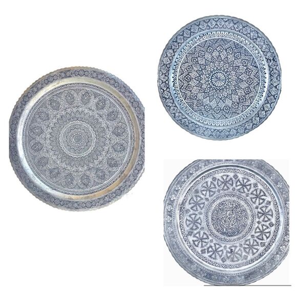 Set of Three Decorative Tray Middle Eastern Engraved Patina 19” - Picture 2 of 11